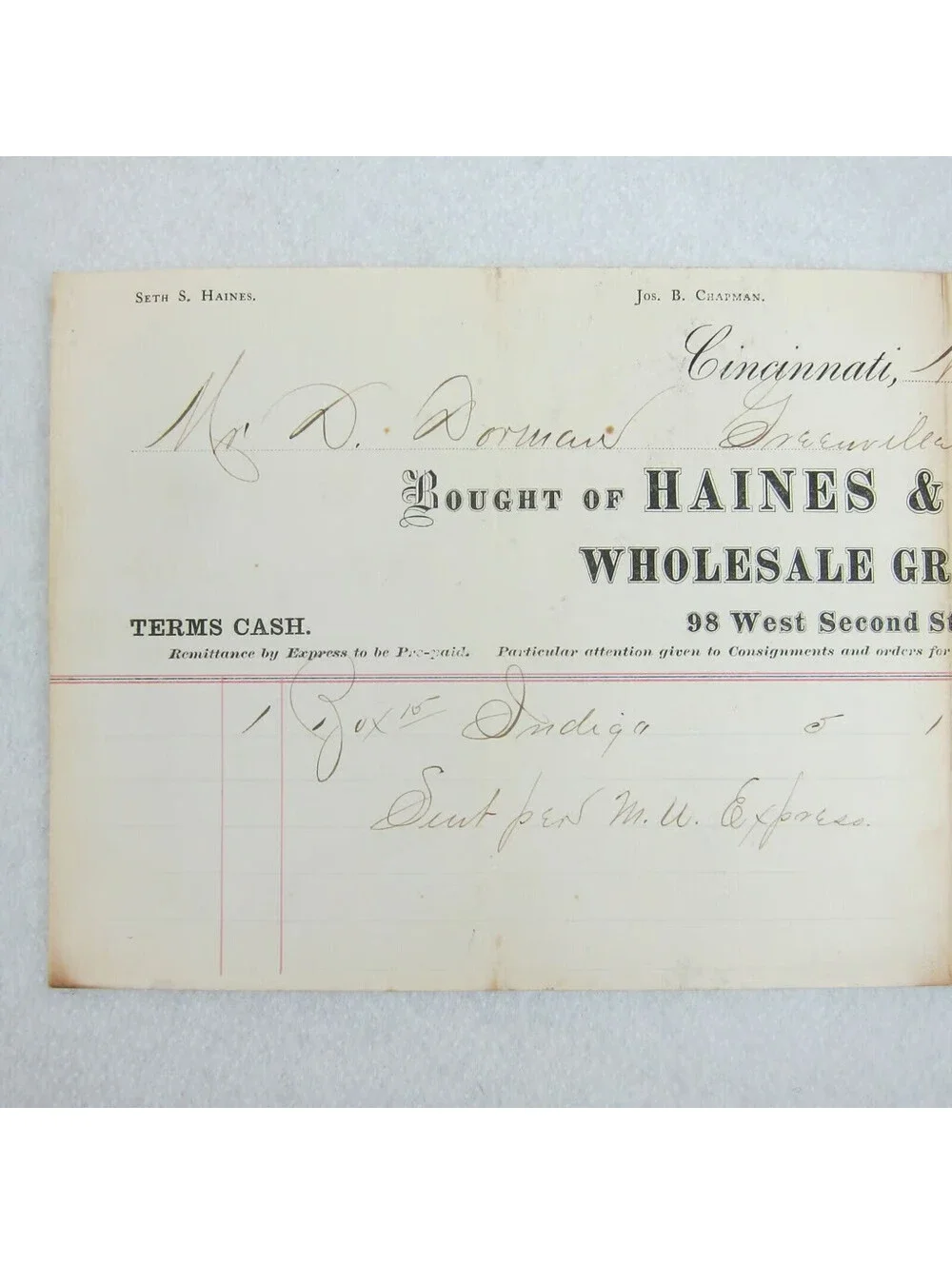 Antique 1867 Haines & Chapman Wholesale Grocer Cincinnati Ohio Receipt Invoice